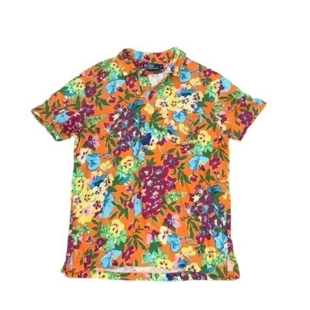 Ralph Lauren‎ Orange Cotton Floral Hawaiian Print Short Sleeve Polo Shirt Medium